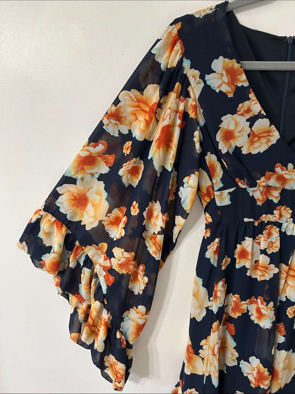 Betsey Johnson Dress Navy Garden Floral Mini Drama Bell Sleeves Fit and Flare - Picture 2 of 16